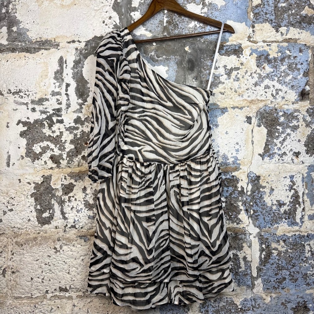 Express x Rachel Zoe Zebra Mini Dress Women S Gold NEW Metallic Ruffle One Shoul